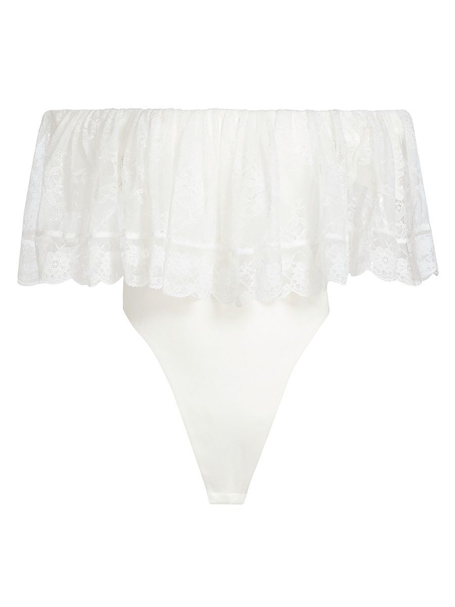 Women's Rosette Ruffled Off-The-Shoulder Bodysuit - White - Size XL