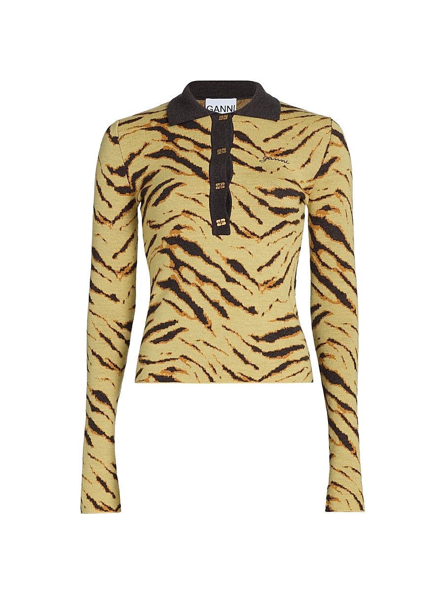 Women's Animal-Printed Merino Wool Polo Shirt - Multicolour - Size XL