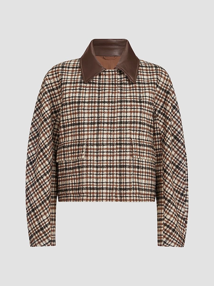 Women's Comfort Checked Wool and Alpaca Outerwear Jacket with Leather Collar - Brown - Size 4