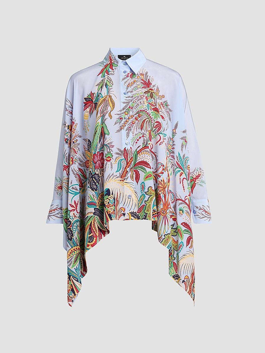 Women's Paisley Handkerchief Hem Silk Shirt - Printed Blue Base - Size 14