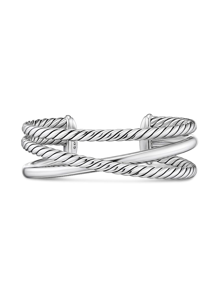 Women's Bold Crossover Three Row Cuff Bracelet in Sterling Silver, 19MM - Silver - Size Medium