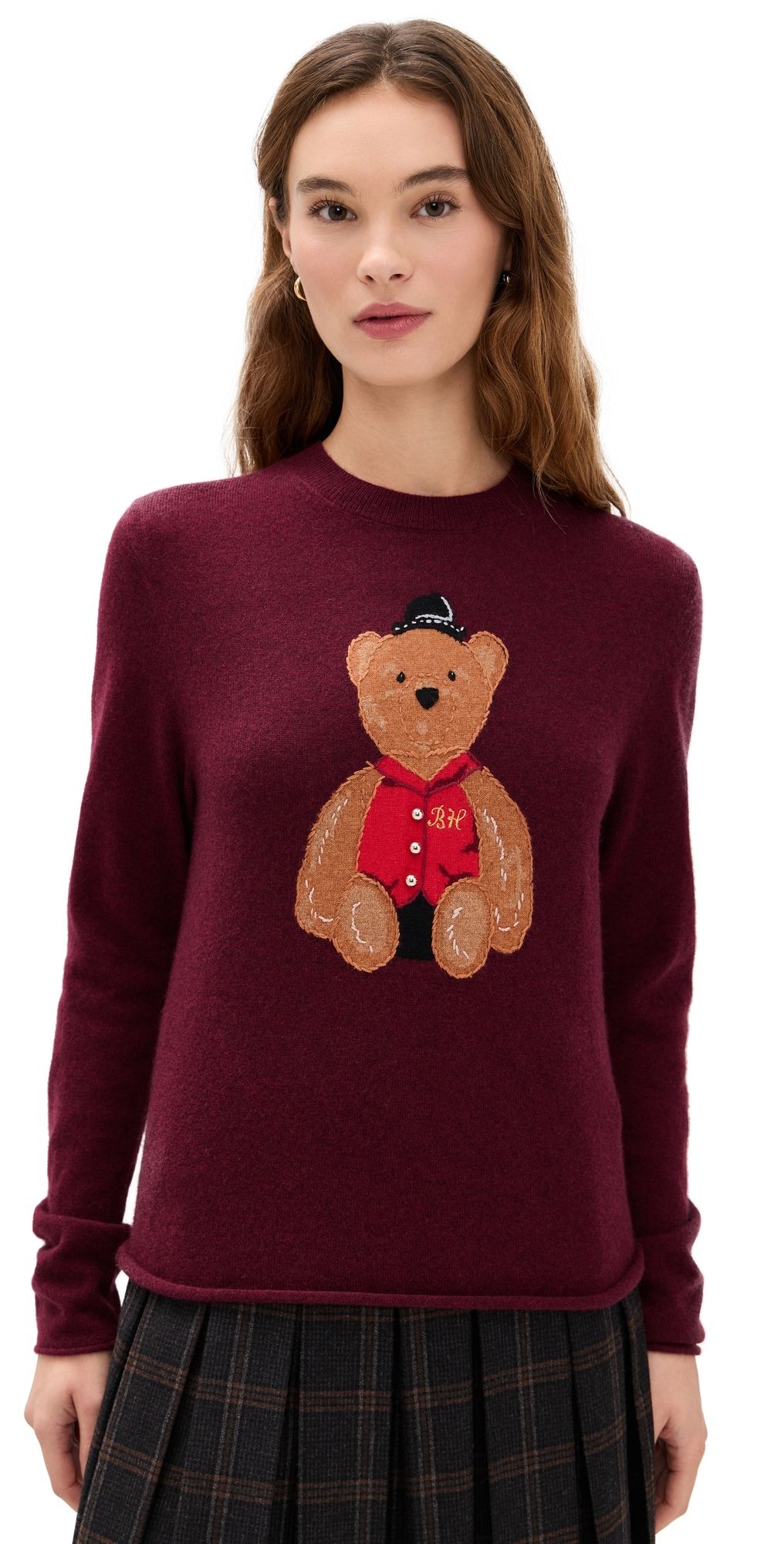 Lingua Franca Bo Bear Cashmere Crewneck Sweater Maroon L