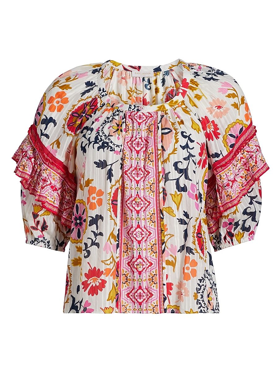 Women's Maya Floral Peasant Blouse - White Maya Combo - Size XL