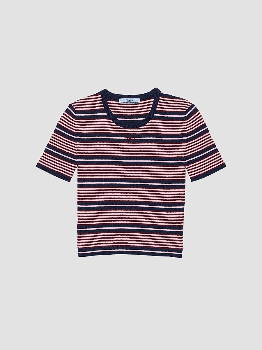 Prada Women's Short-Sleeved Striped Cotton Sweater - Blue Multi - Size 6