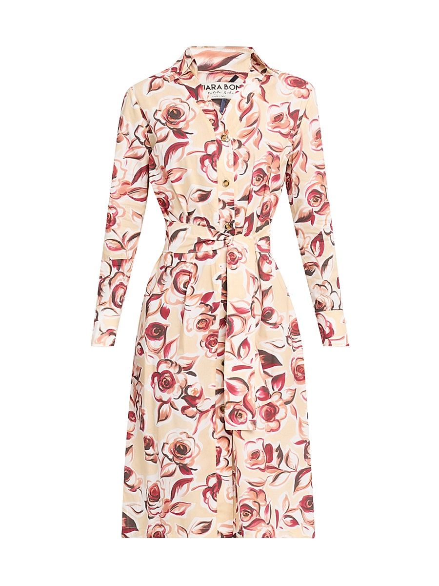 Women's Belted Rose Midi-Shirtdress - Multi Pattern - Size Small