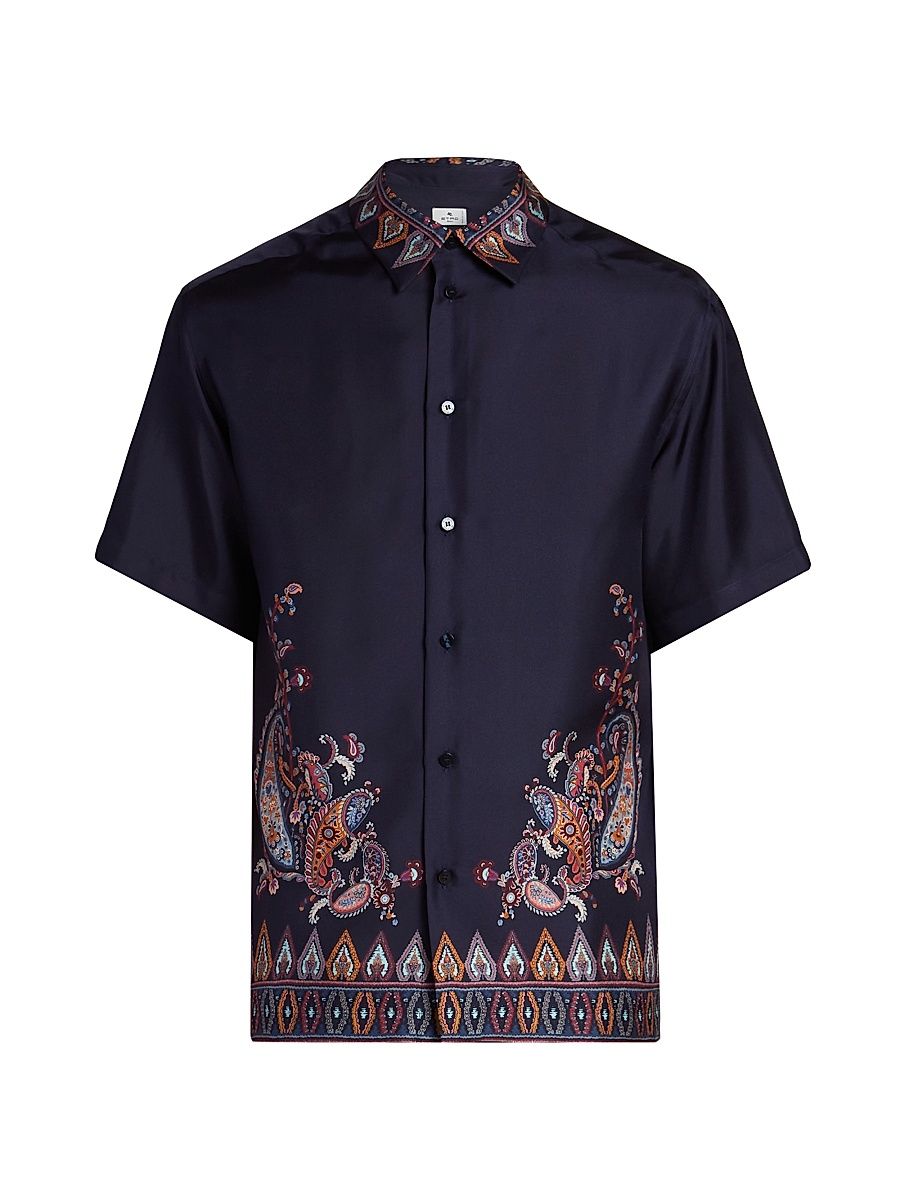 Men's Silk Paisley Short-Sleeve Shirt - Stampa Blue - Size XXL