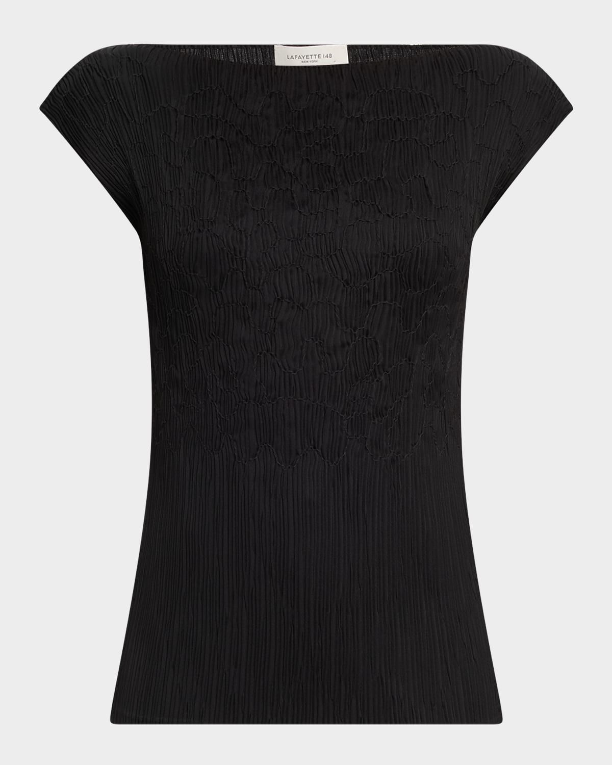 Cap-Sleeve Embroidered Plisse Blouse