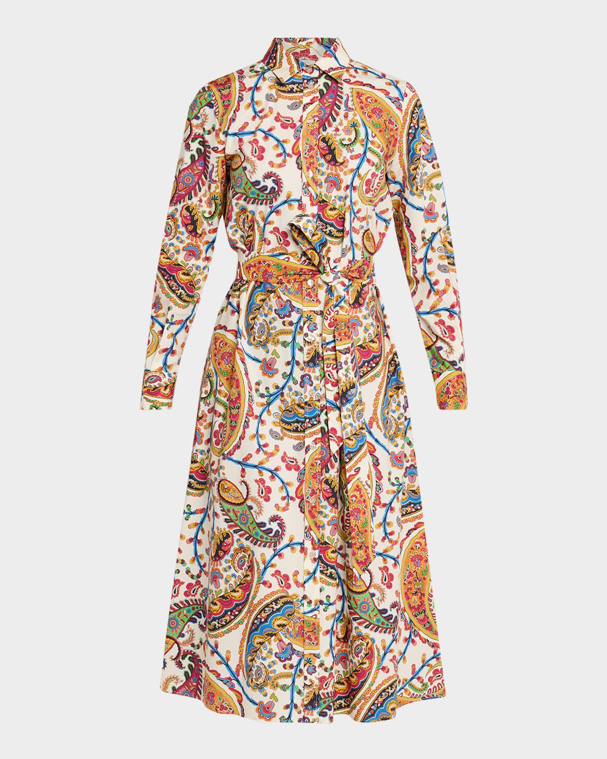 Paisley-Print Cotton Long-Sleeve Midi Shirtdress