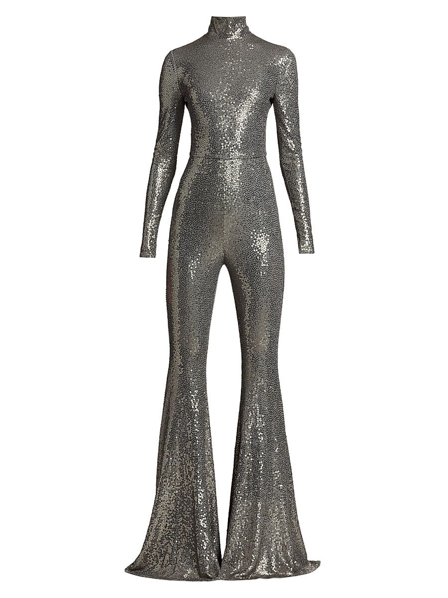 Women's Sequined Flare-Leg Mock Turtleneck Jumpsuit - Slate - Size 8