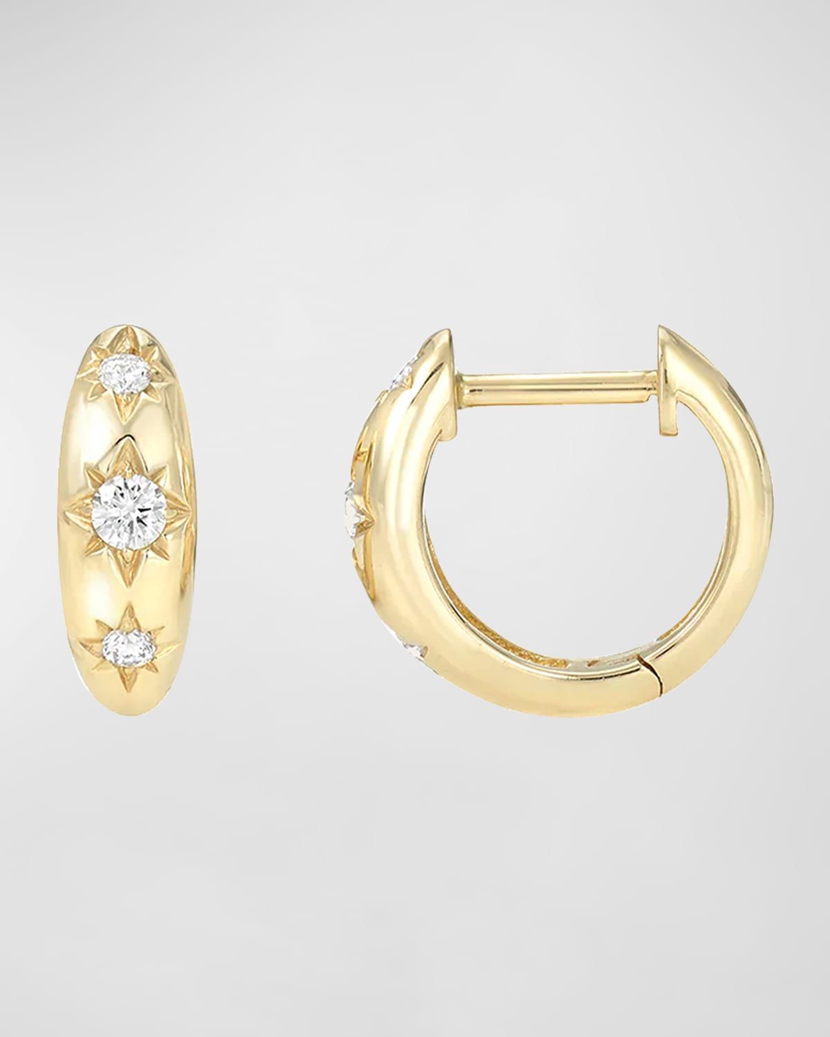 14K Gold Diamond Domed Starburst Huggie Earrings