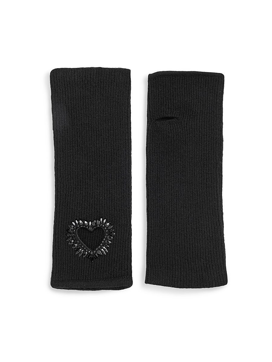 Women's Cashmere Crystal Heart Fingerless Gloves - Black