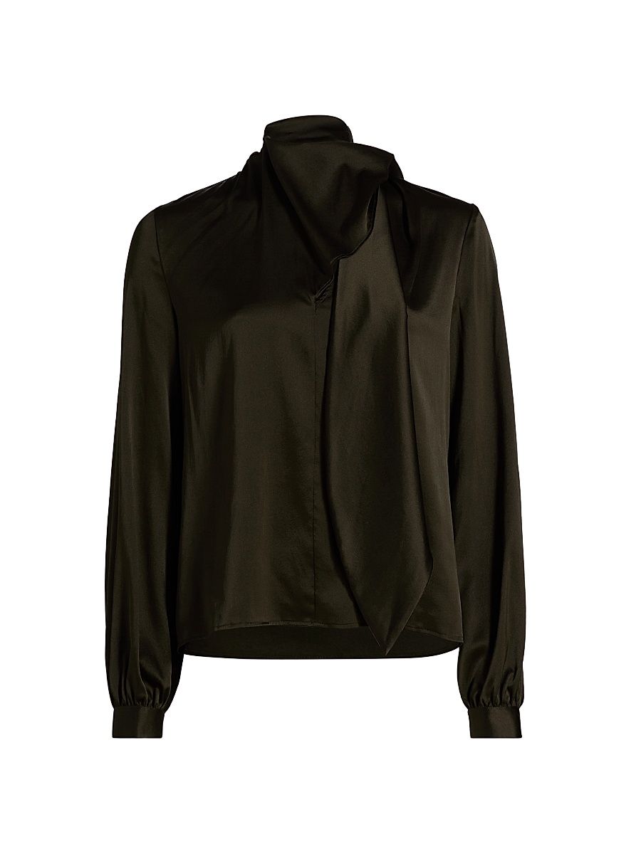 Women's Harry Stretch-Silk Tieneck Blouse - Deep Olive - Size XL