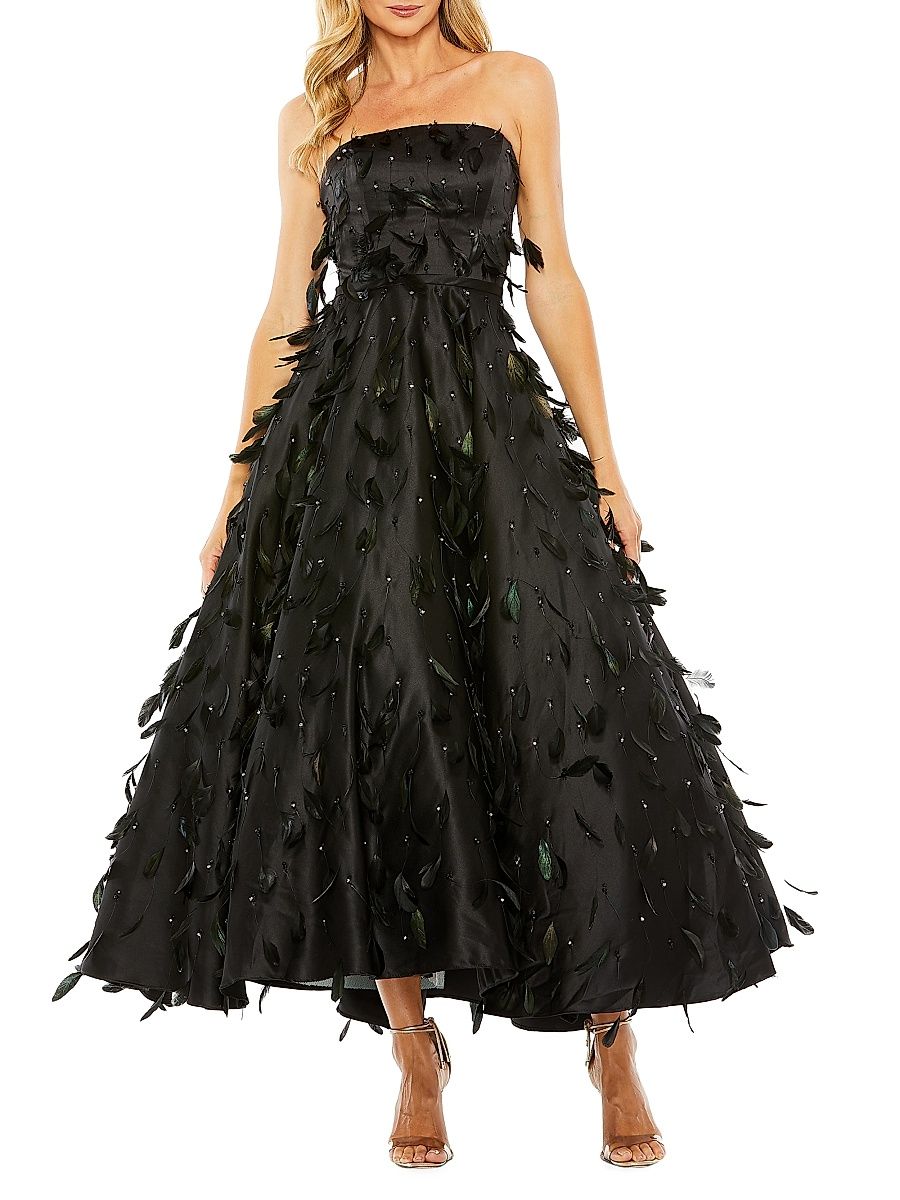 Women's Feather-Embellished Strapless Ball Gown - Black - Size 16