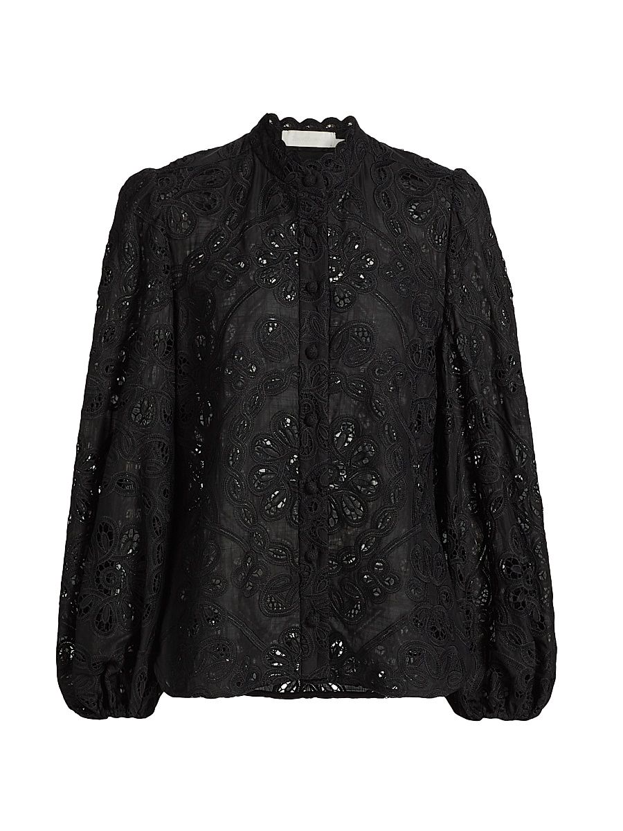 Women's Rhiannon Lace Cotton Button-Front Top - Black - Size 4
