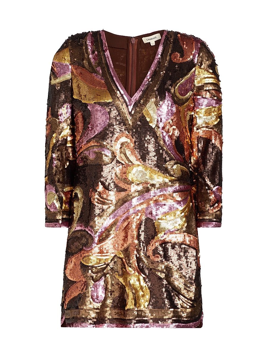 Women's Octavia Sequined V-Neck Shift Minidress - Brown Pink Large Paisley - Size Medium