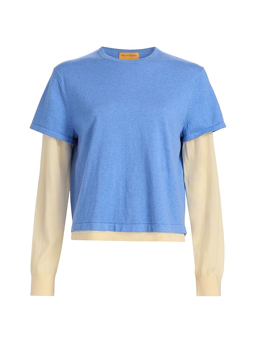 Women's Layered Cotton-Cashmere T-Shirt - Delft Blue Butter - Size Small