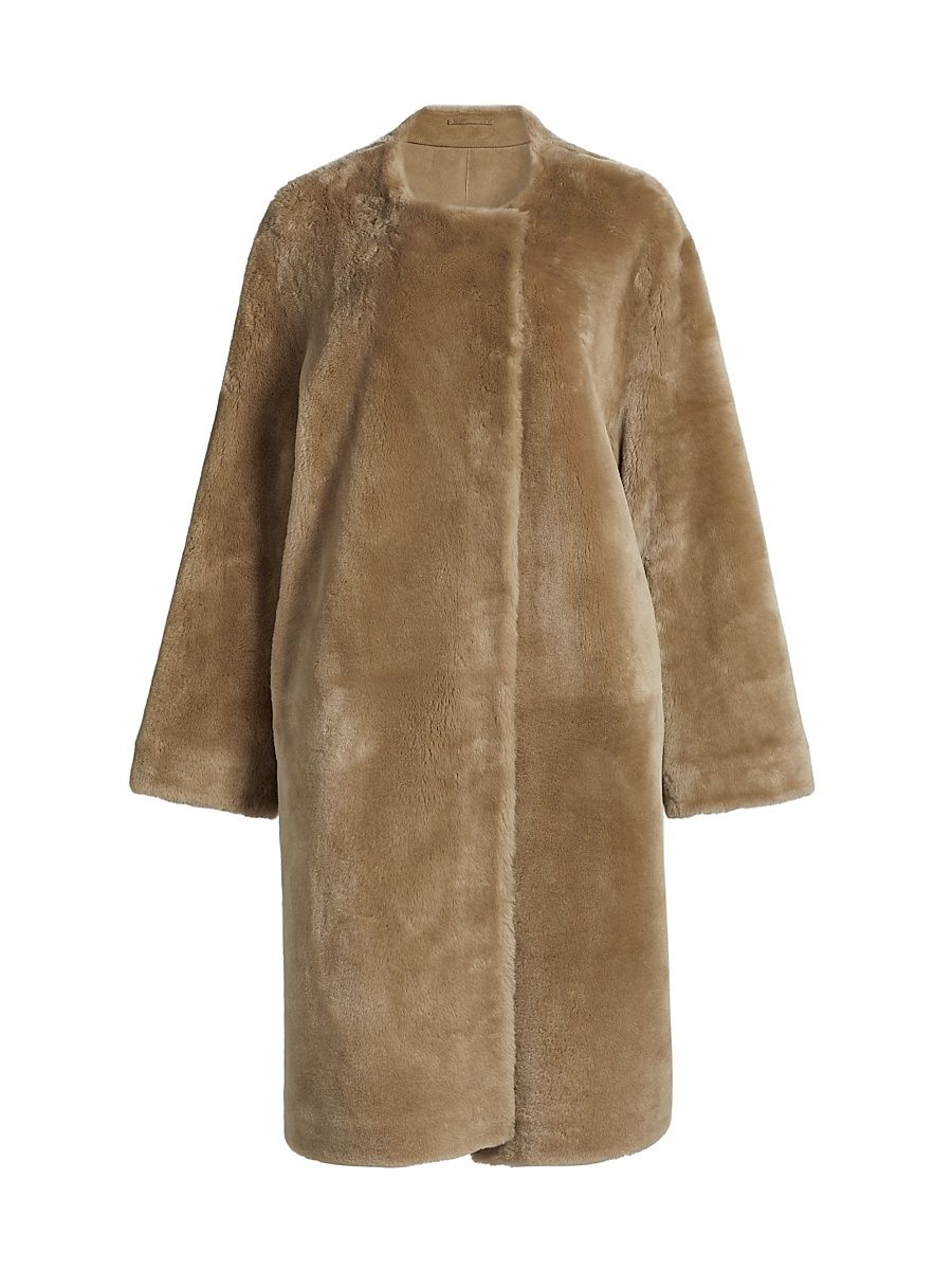 Women's Collarless Shearling Coat - Rye - Size 10