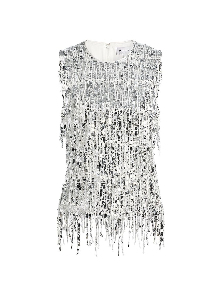 Women's Royce Sequined Fringe Top - Silver - Size Large