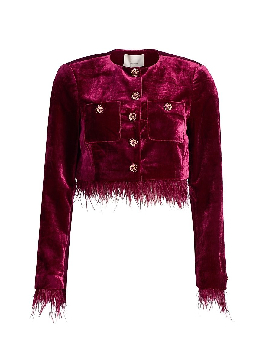Women's Evelina Fringed Velvet Crop Jacket - Red Plum - Size 14