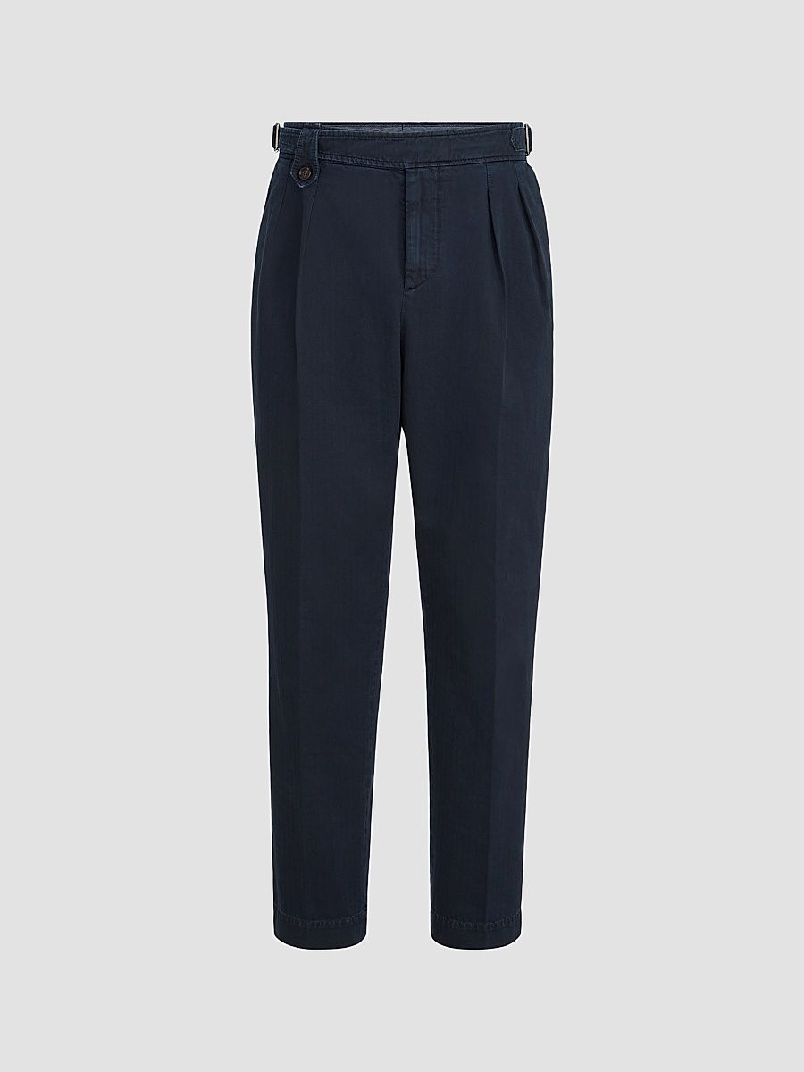 Men's Cotton Chevron Trousers with Double Pleats - Navy Blue - Size 34