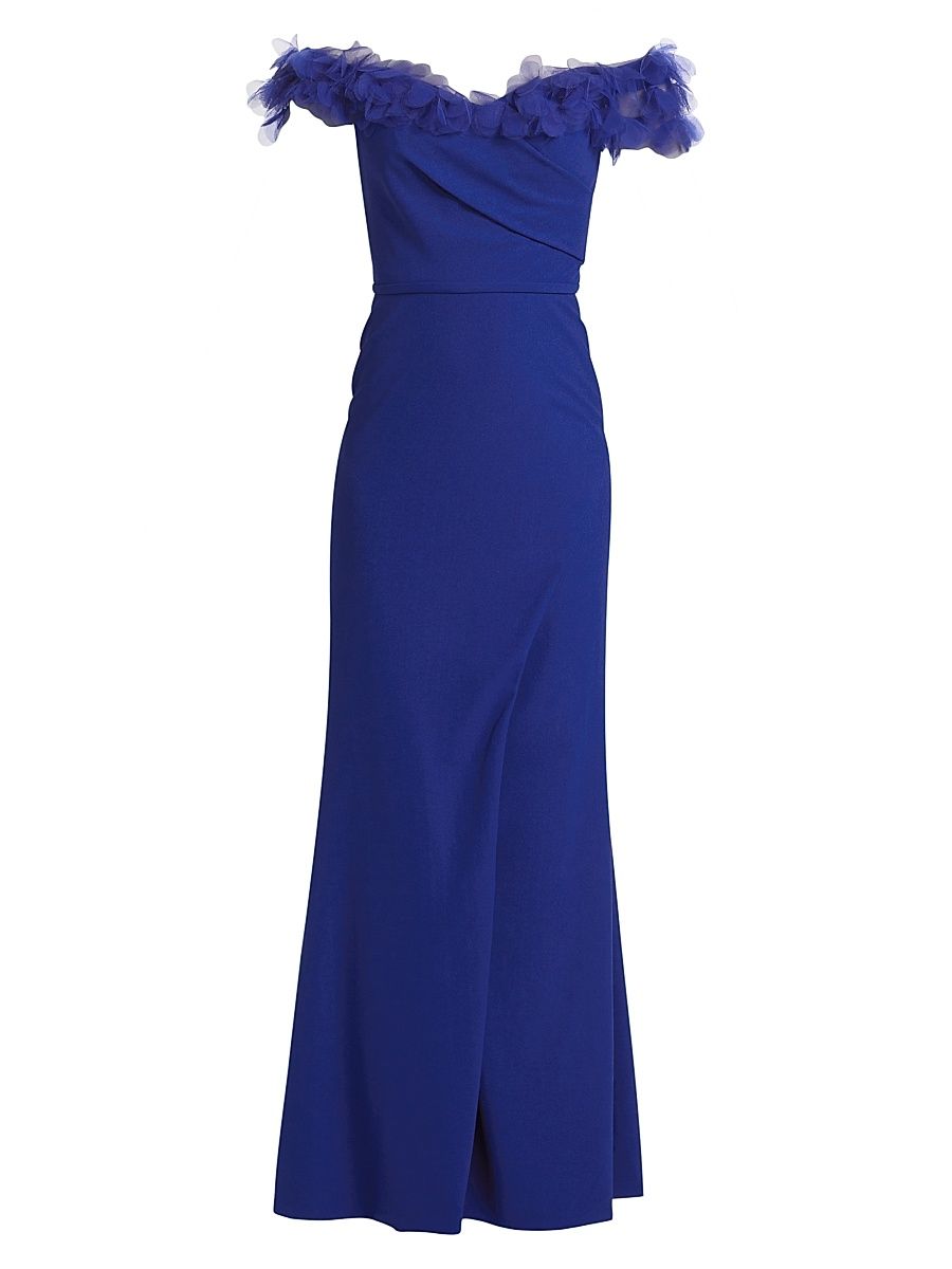 Women's Tulle Flower & Crepe Column Gown - Blue - Size 2