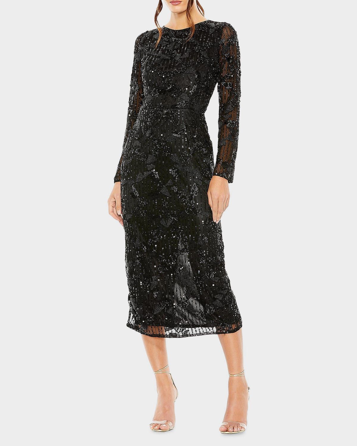 High-Neck Beaded Long-Sleeve Midi Dress