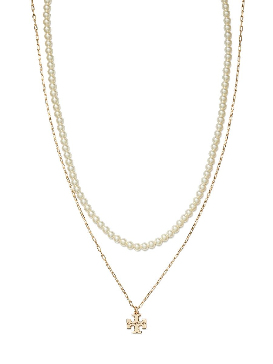 Women's Kira 18K-Gold-Plated & Imitation Pearl Layered Logo Pendant Necklace - Tory Gold Pearl