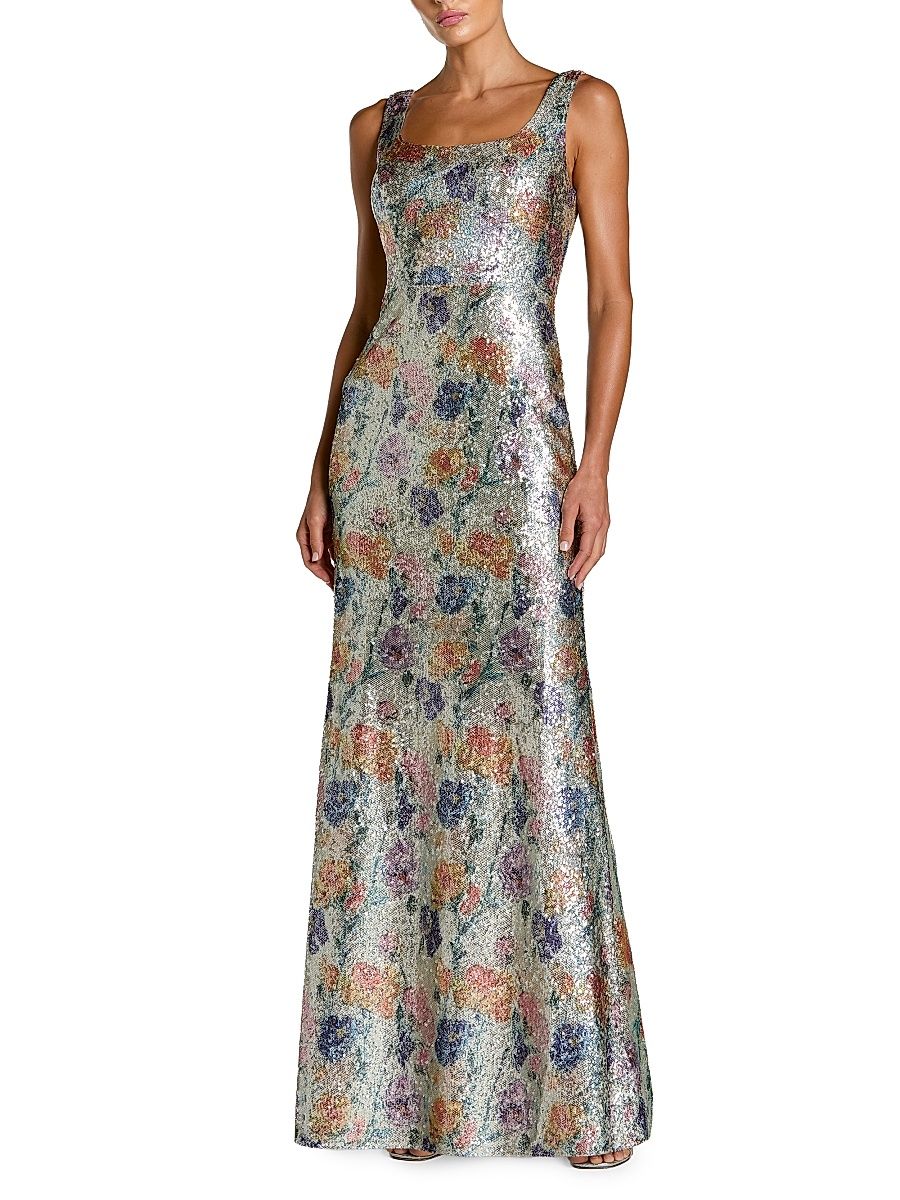 Women's Floral Sequined Sleeveless Metallic Gown - Silver Multi - Size 12