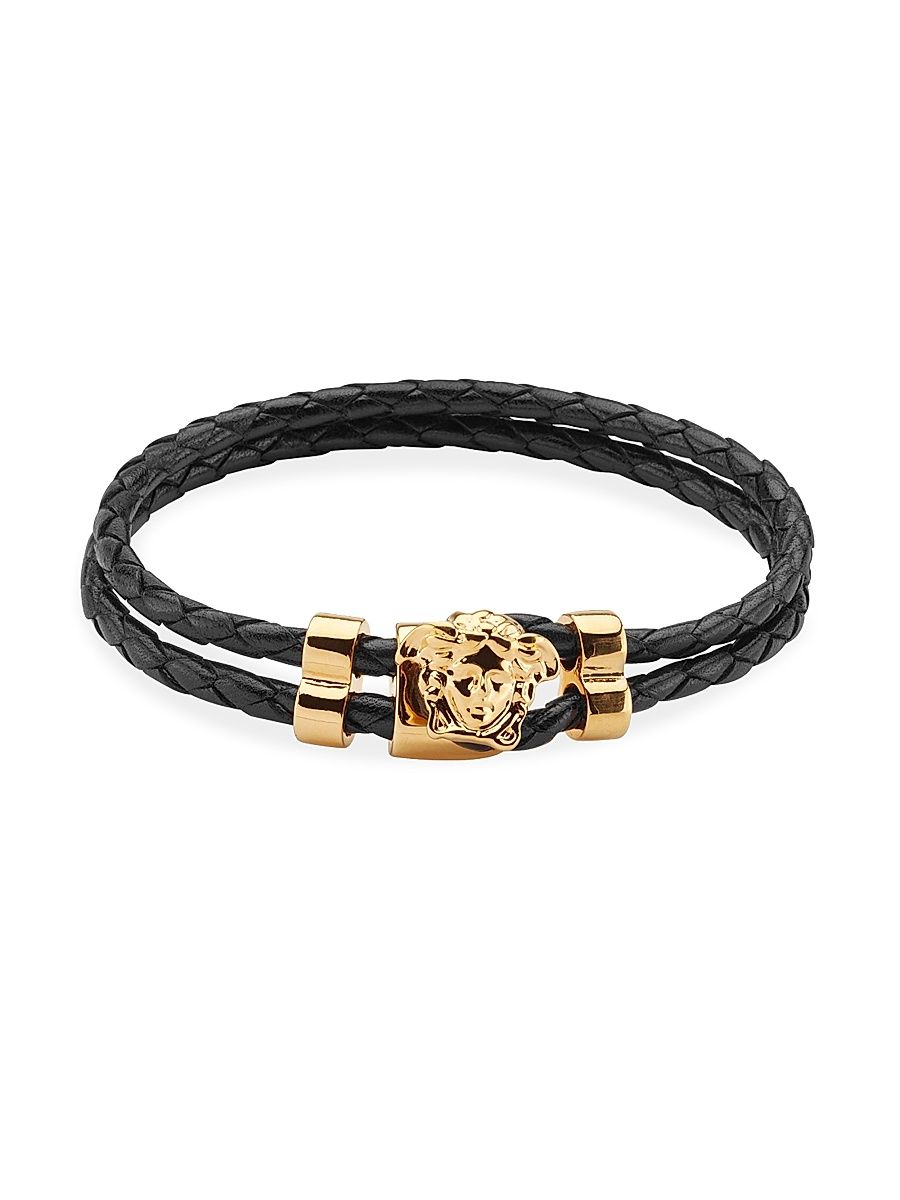 Men's Medusa Braided Leather Bracelet - Black Ultra
