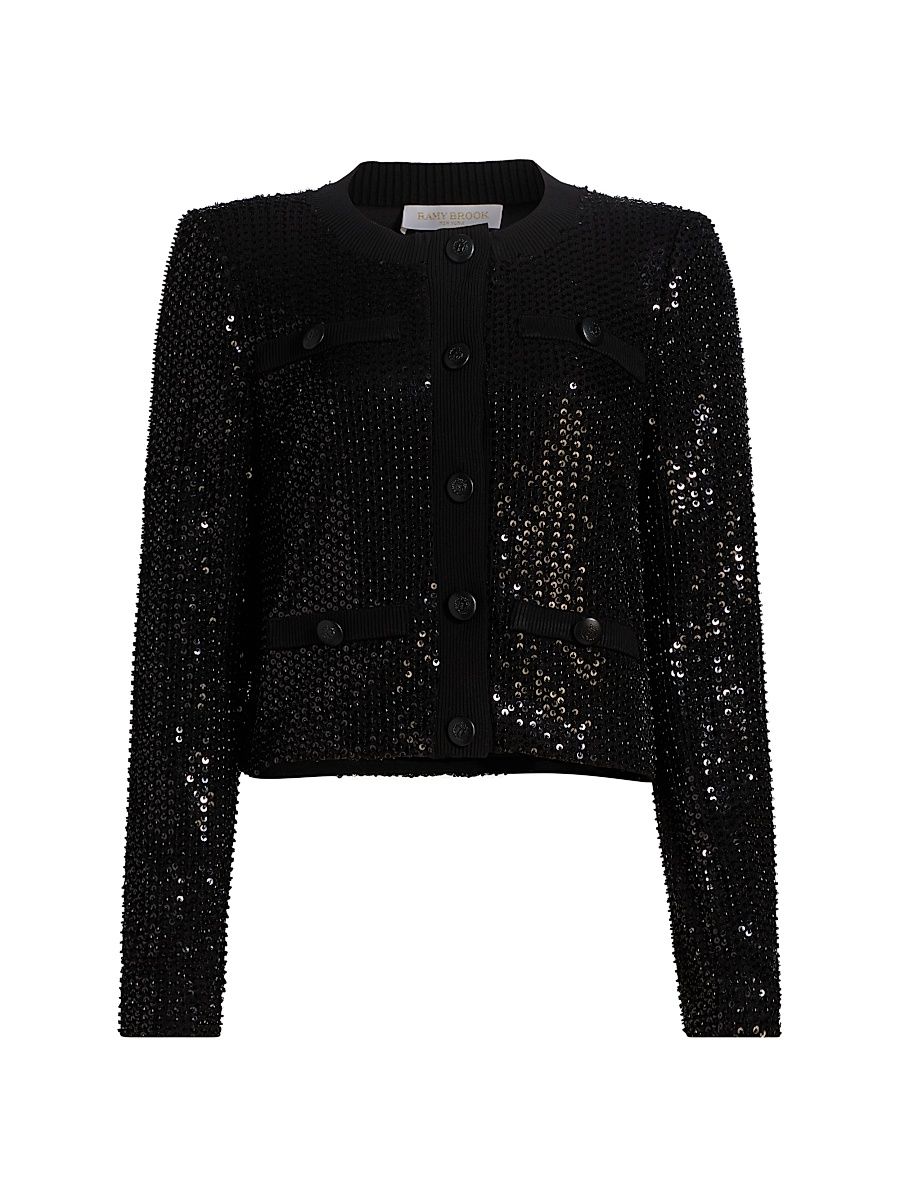 Women's Anna Sequined Collarless Jacket - Black Beaded Mesh - Size XL