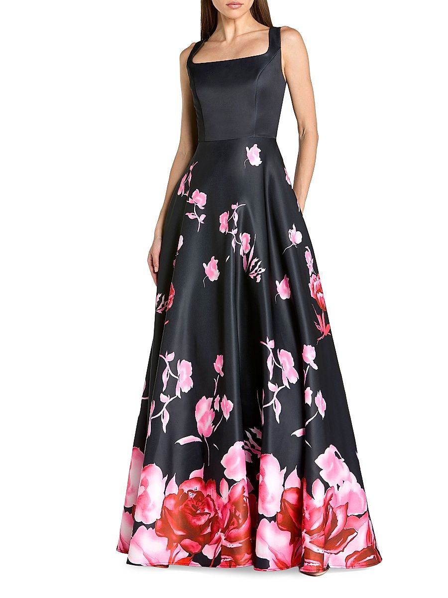 Women's Floral Satin Ball Gown - Black Multi - Size 4