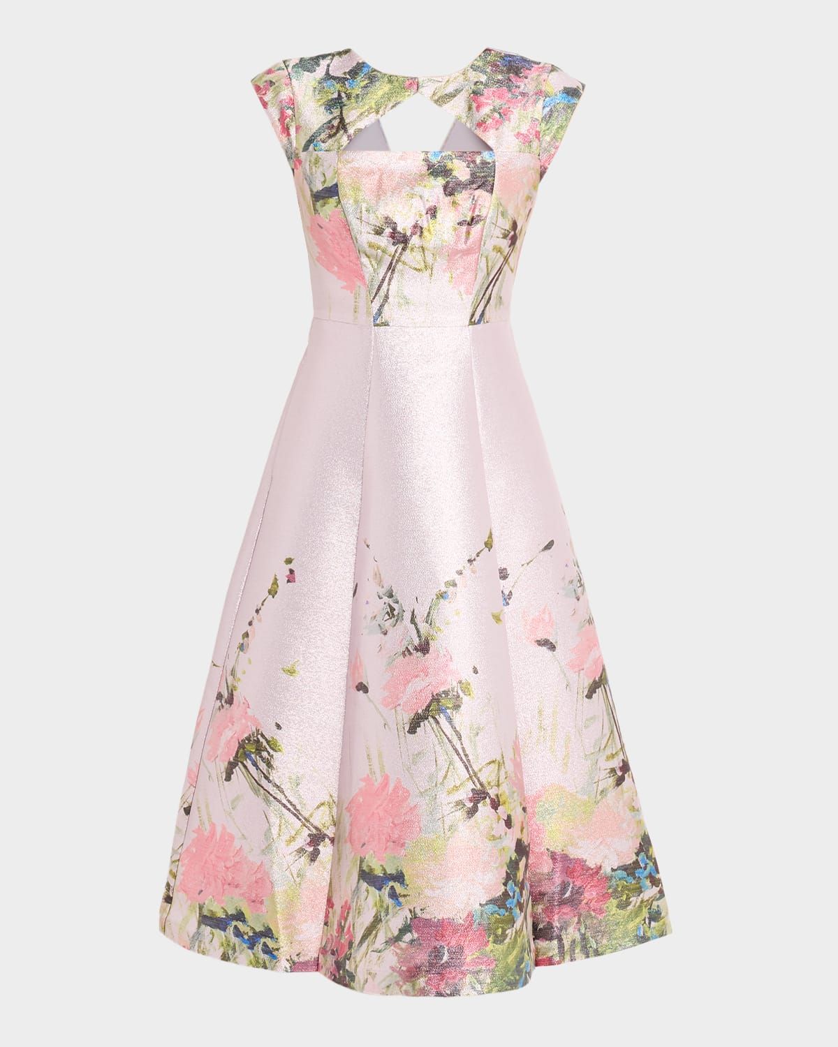 Augusta Floral-Print Metallic Mikado Midi Dress