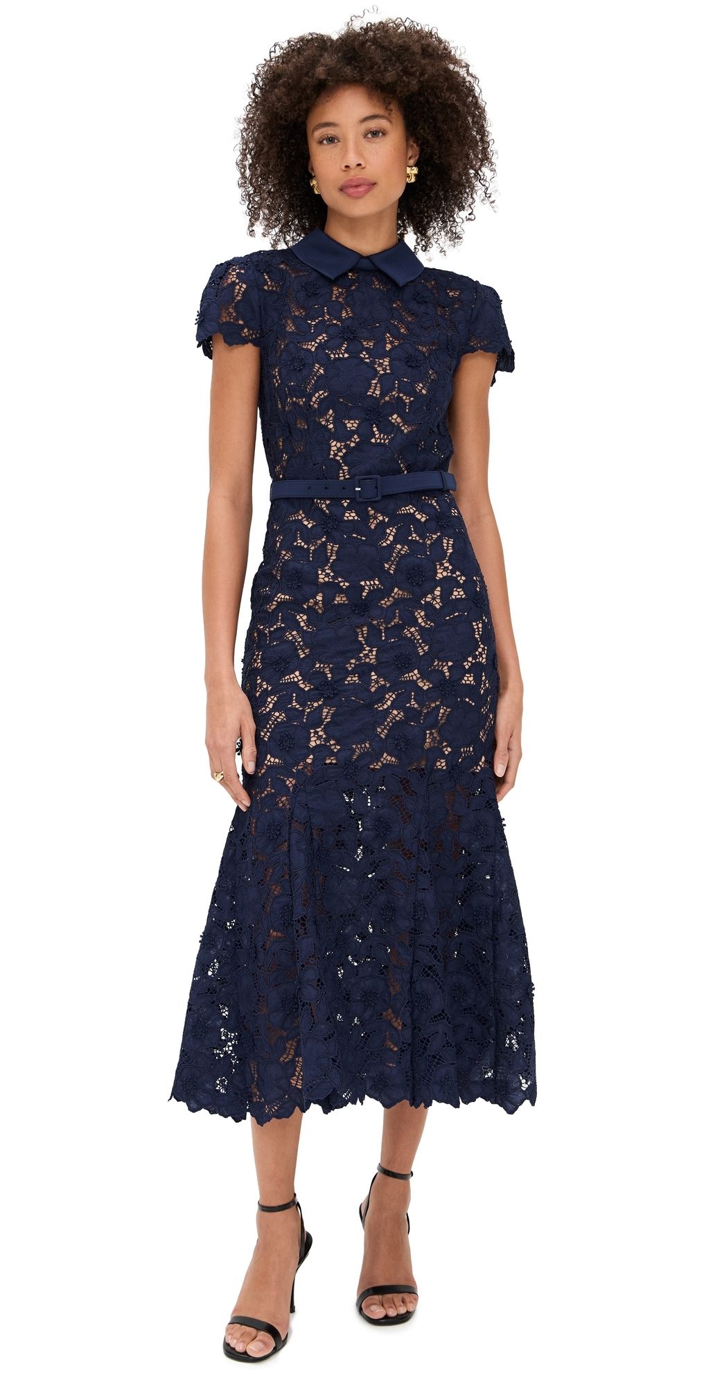 Self Portrait Navy Guipure Lace Midi Dress Navy 0
