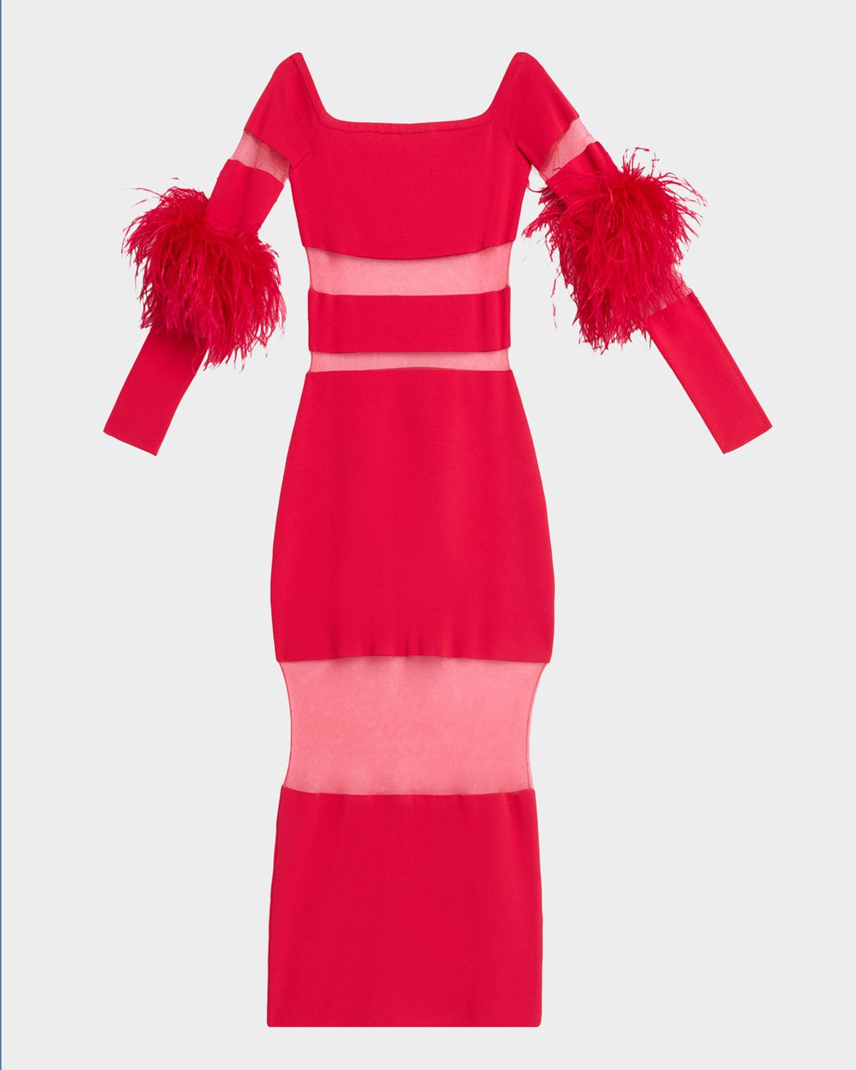 Matte Viscose Off-Shoulder Intarsia Dress with Feathers