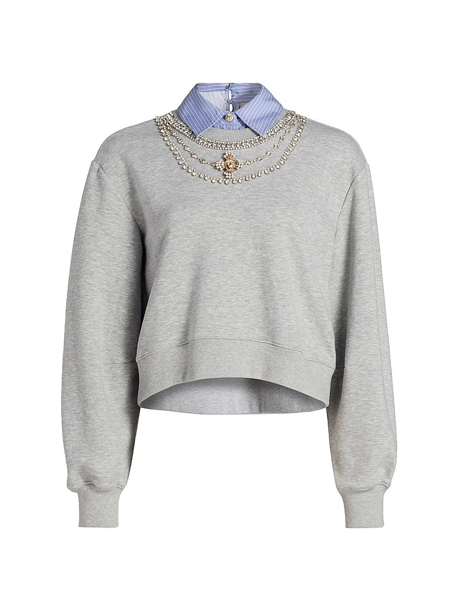 Women's Lavina Mixed-Media Pullover Sweater - Heather Grey Blue Stripe - Size XL