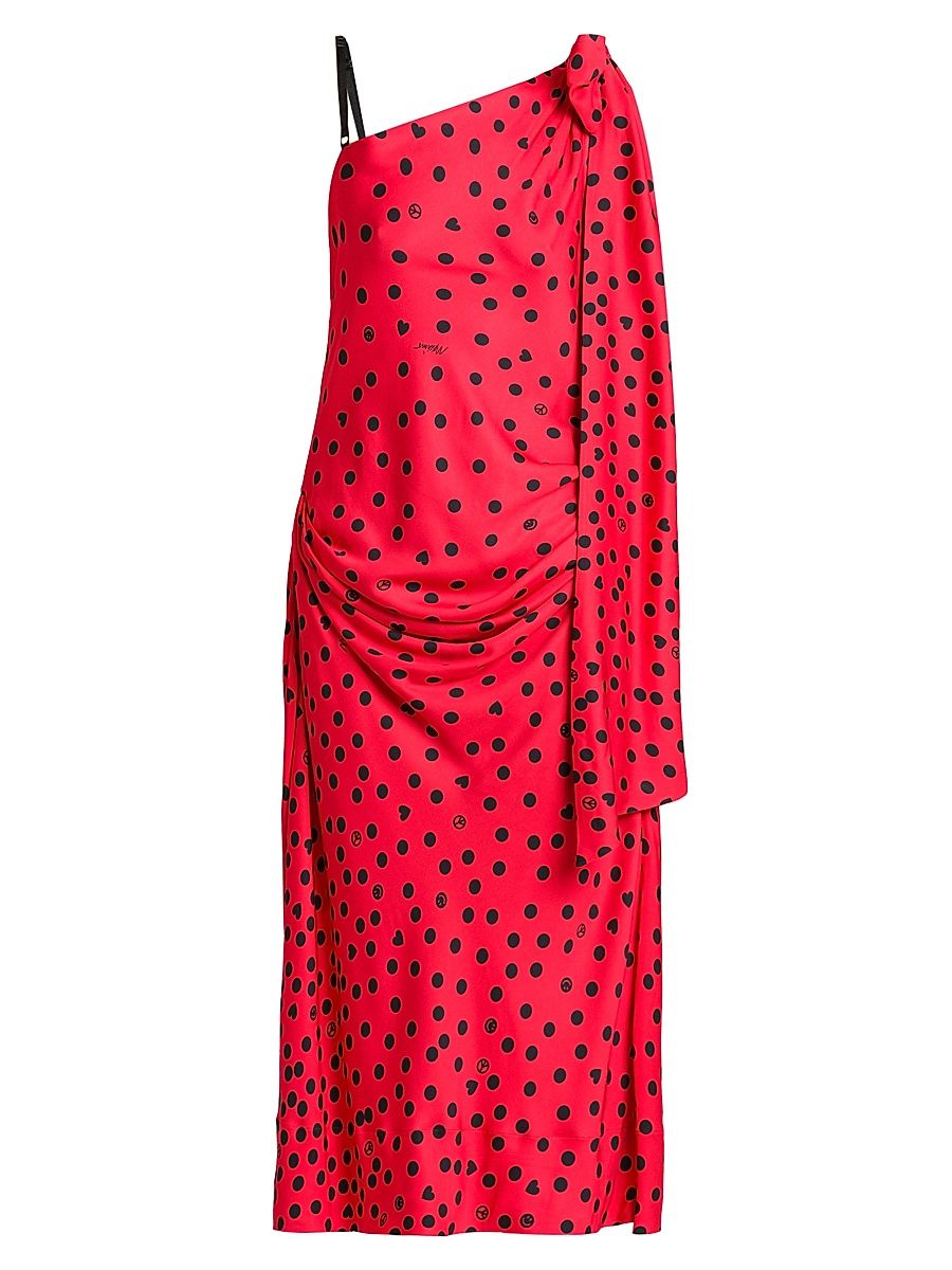 Women's Polka Dot Bow One-Shoulder Midi-Dress - Multi Red - Size 10