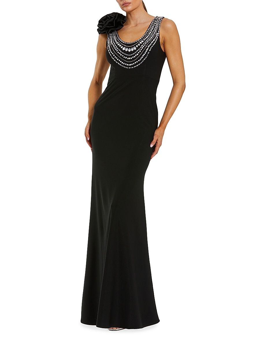 Women's Beaded Scoopneck Column Gown - Black - Size Large