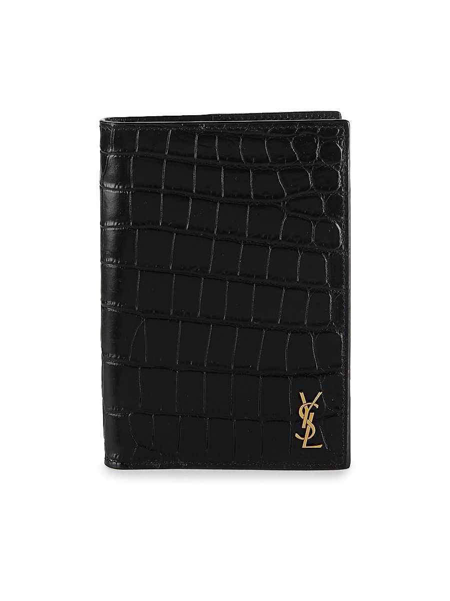 Men's Croc-Embossed Leather Bi-Fold Wallet - Black