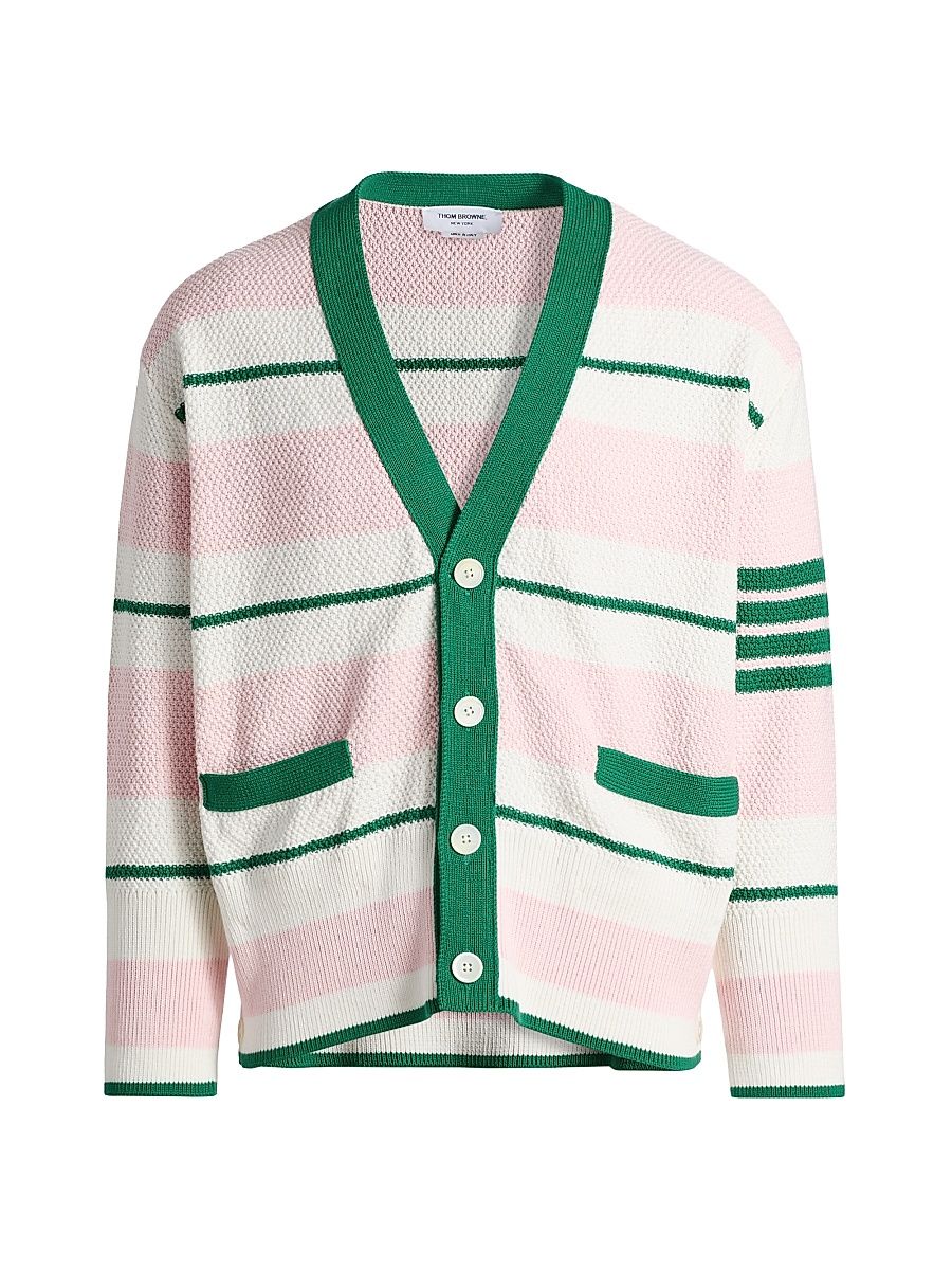 Men's Striped Cotton Cardigan - Light Pink - Size XXL