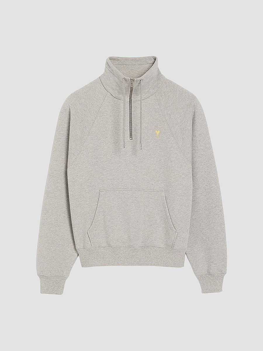 AMI Paris Men's Embroidered Ami de Coeur Quarter-Zip Sweatshirt - Gris Chine Clair - Size XXL