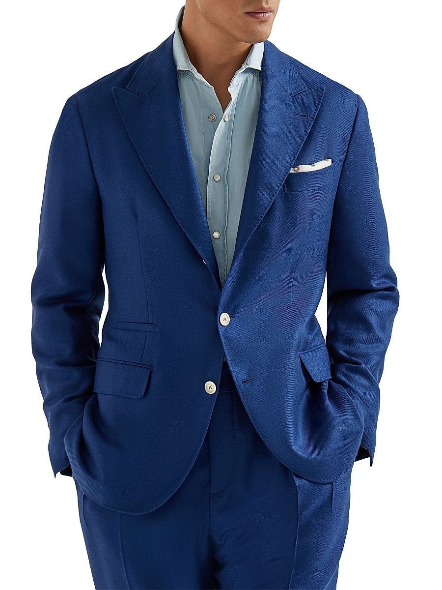 Men's Cashmere and Silk Diagonal Deconstructed Blazer with Peak Lapels - Avio Blue - Size 40