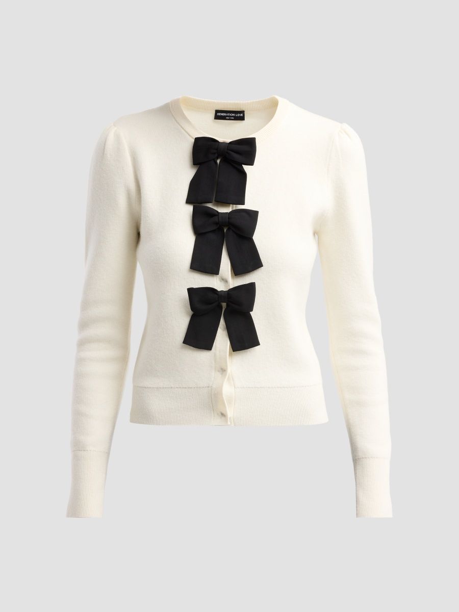 Generation Love Women's Collins Bow Cardigan - Cream Black - Size XL