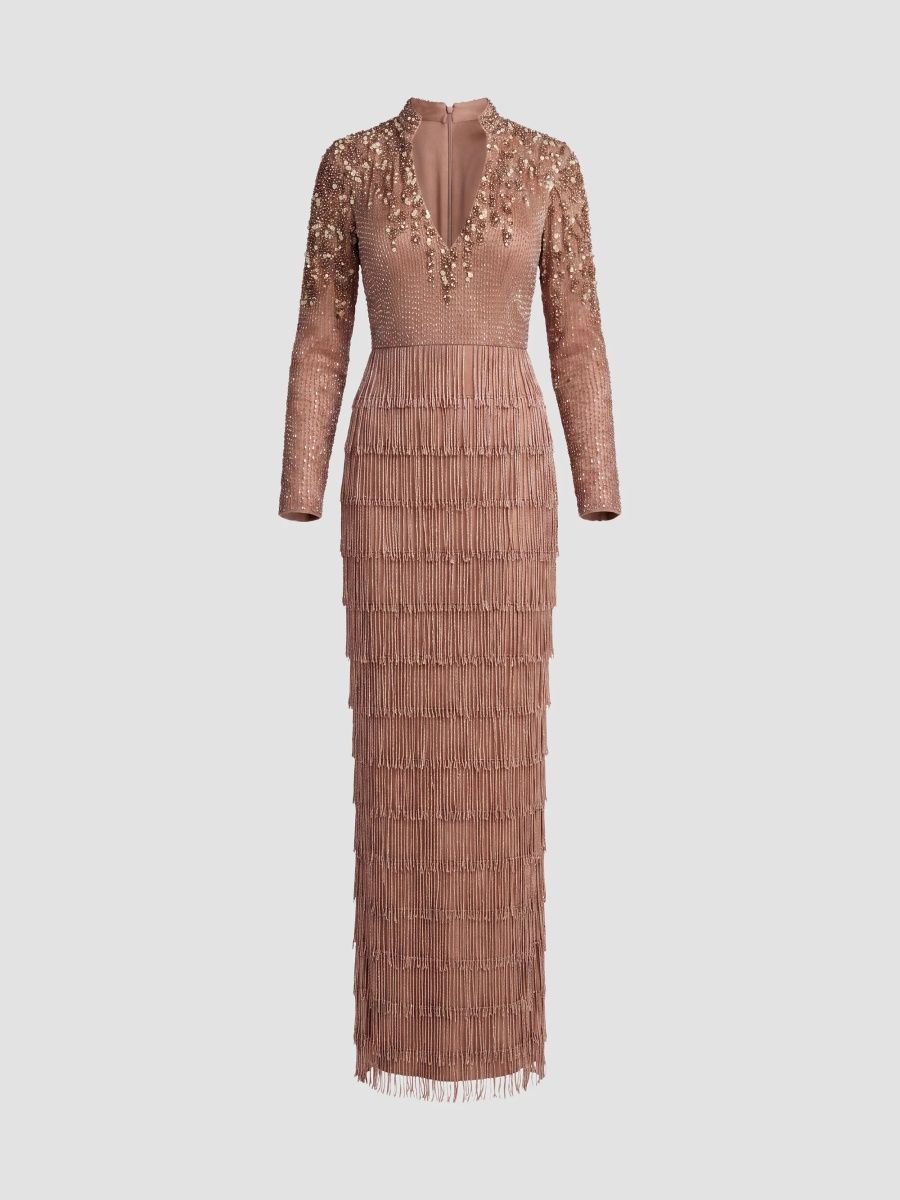 Mac Duggal Women's Beaded Fringe V-Neck Column Gown - Mocha - Size 18