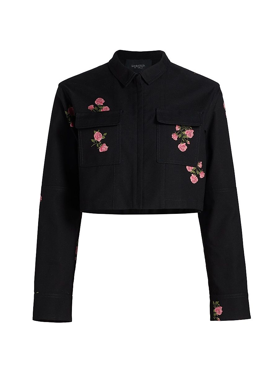 Women's Floral Fil Coupé Cotton Crop Jacket - Black Multi - Size 12