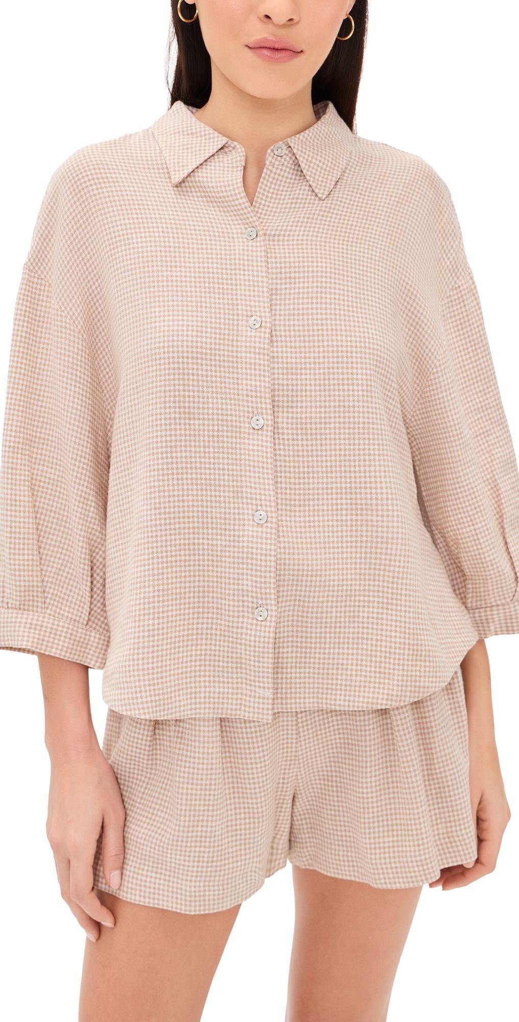 Eberjey Linen Blend Relaxed Sleeve Top Gingham White XS