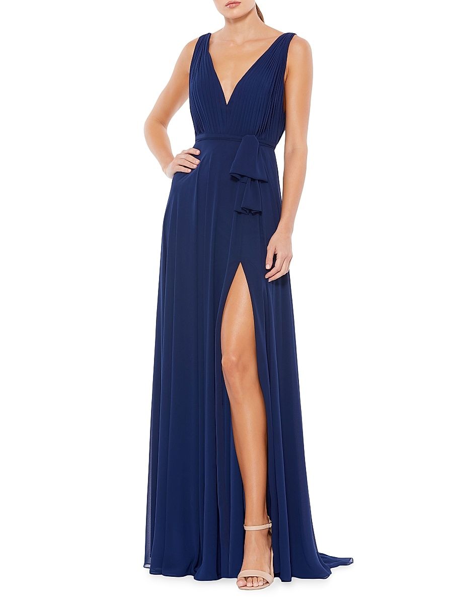 Women's Pleated V-Neck Draped Tie Gown - Midnight - Size 14