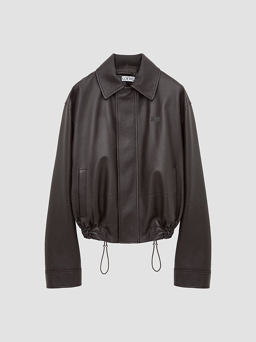 LOEWE Men's Drawstring-Hem Leather Jacket - Dark Brown - Size 44