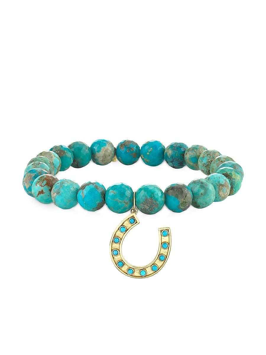 Women's Horseshow Charm 14K Yellow Gold & Turquoise Beaded Stretch Bracelet