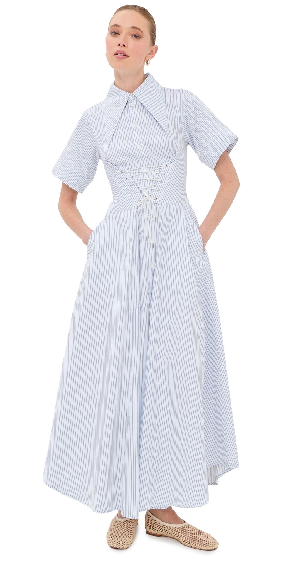 Tolu Coker Printed Striped Maxi Corset Shirt Dress Blue/White XS
