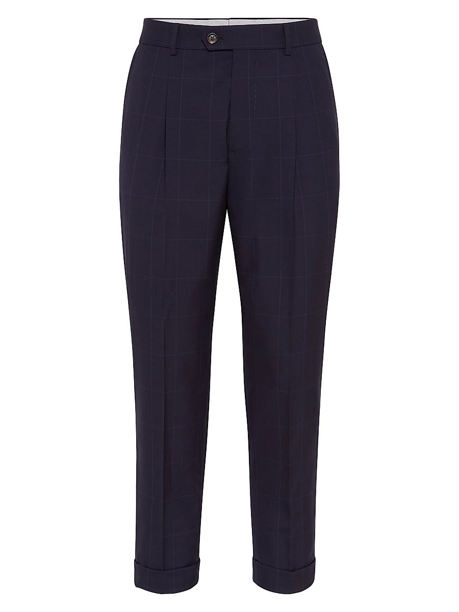 Men's Super 120s Virgin Wool Overcheck Leisure Fit Trousers with Pleat - Navy Blue - Size 48
